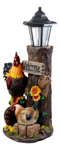 Country Farm Rooster Hen Chicks Family By Sunflowers Solar Light Lantern Statue