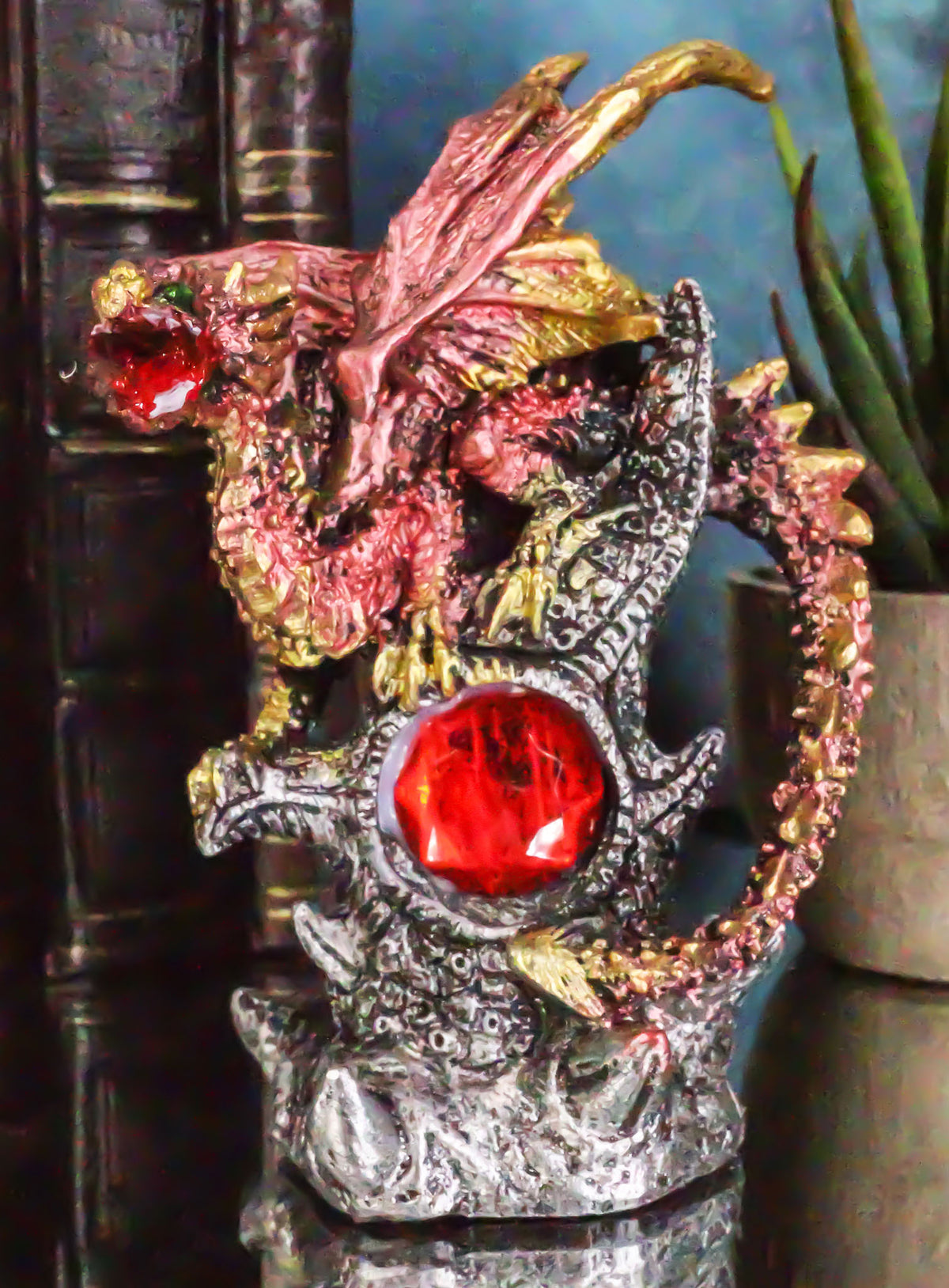 Fire Ember Dragon Guarding Weathered Tree of Life With Red Crystal Gem Figurine