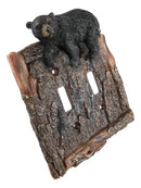 Set of 2 Rustic Faux Tree Bark With Black Bear Double Toggle Wall Switch Plates