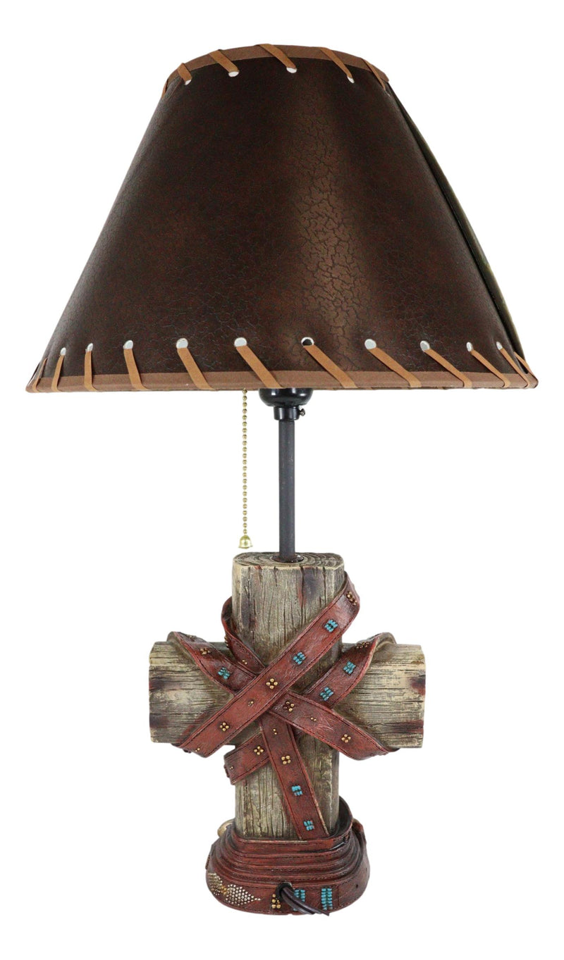 Western Turquoise Faux Distressed Wood Cross Bible Verses Family Side Table Lamp