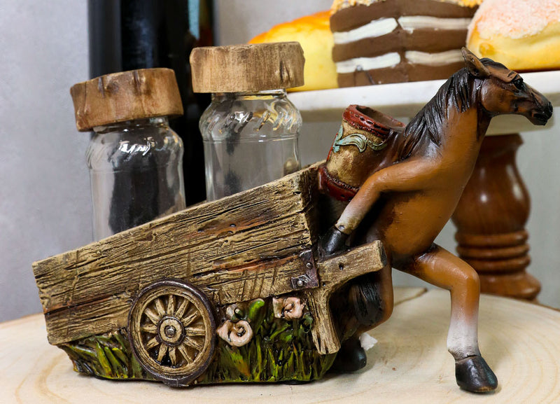 Country Western Brown Horse Pulling Cart Wagon Salt Pepper Shakers Holder Set