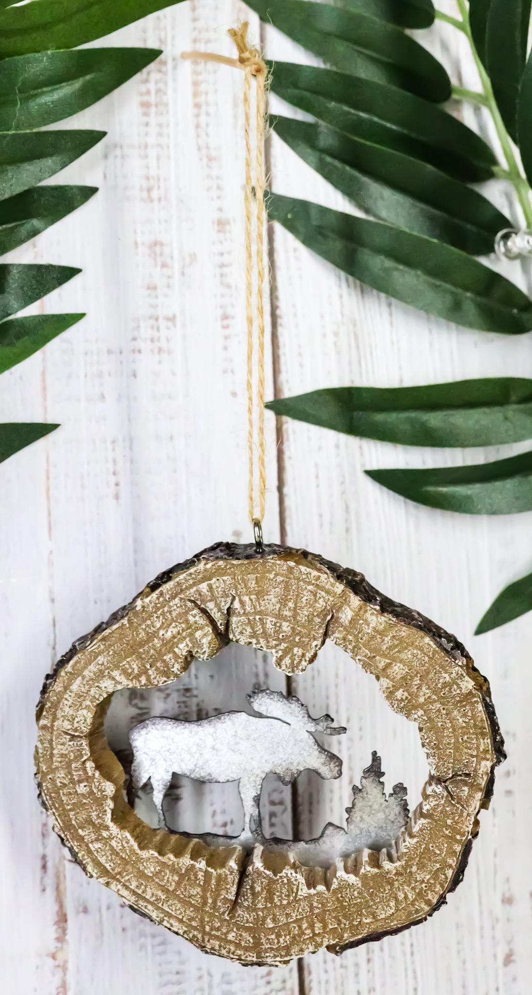 Rustic Western Emperor Moose Faux Wood Log Set of 4 Christmas Tree Ornaments