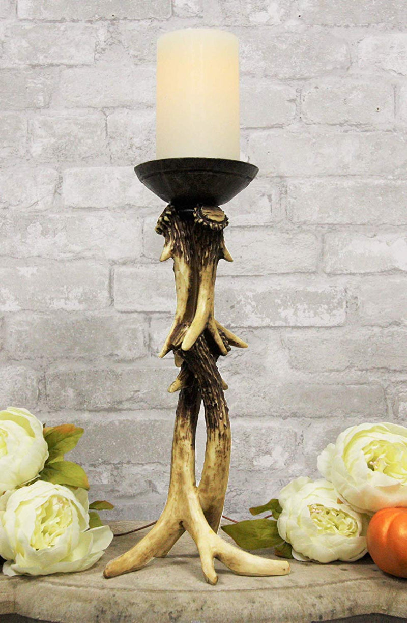 Ebros Wildlife Rustic Buck Elk Deer Stag Entwined Antlers Candle Holder Stand 14" Tall Nature Lovers Hunters Cabin Lodge Country Home Decorative Antler Candleholder Accent Centerpiece (1)
