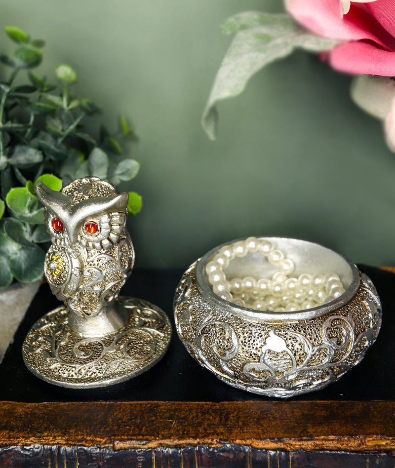 Ebros Silver And Bronze Steampunk Owl With Red Gemstone Eyes Jewelry Trinket Box