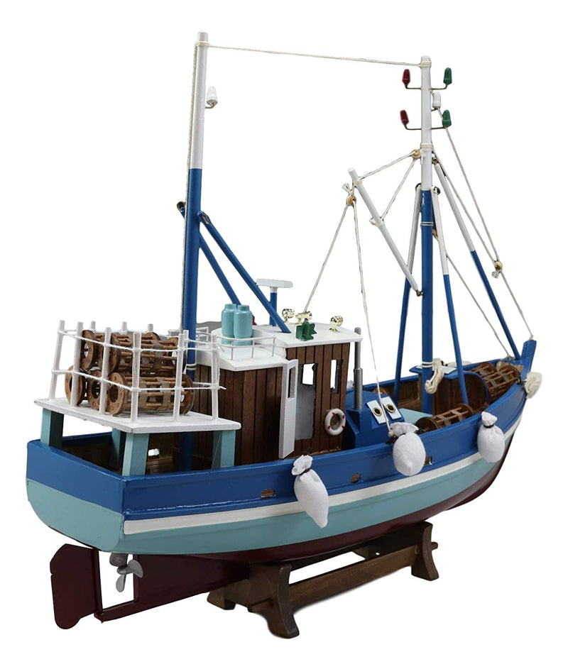 Ebros 18"L Blue Maine Fishing Shrimping Lobster Boat Model with Wood Base Figure - Ebros Gift
