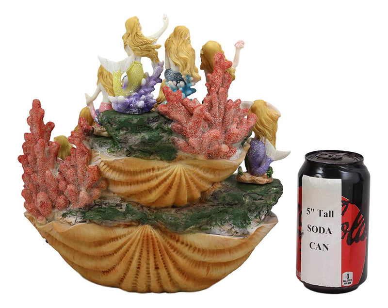Ebros 10" Wide Colorful Nautical Ocean 2 Tier Golden Giant Clam Shell With Coral Reefs LED Glow Lights Display Stand With 12 Miniature Mermaids Figurine Set Fantasy Mermaid Mergirls Sirens of The Seas - Ebros Gift