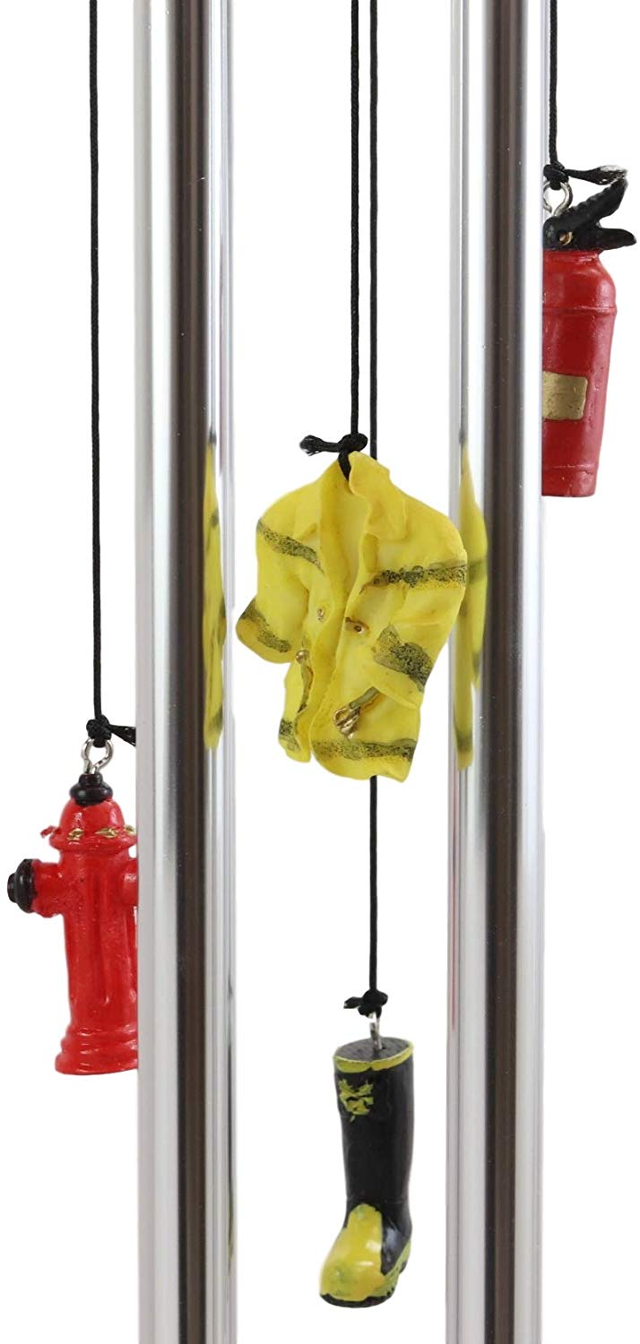 In Line of Duty Fireman With Fire Hose By Red Hydrant Wind Chime Garden Decor - Ebros Gift