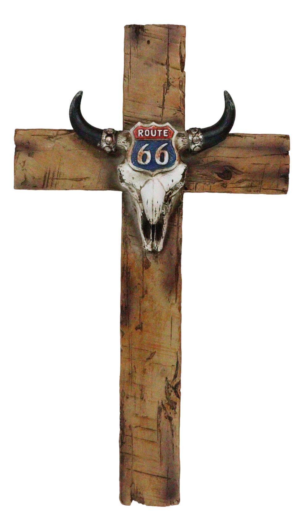 Rustic Western Cow Skull Nostalgic Route 66 Highway Sign Faux Wooden Wall Cross