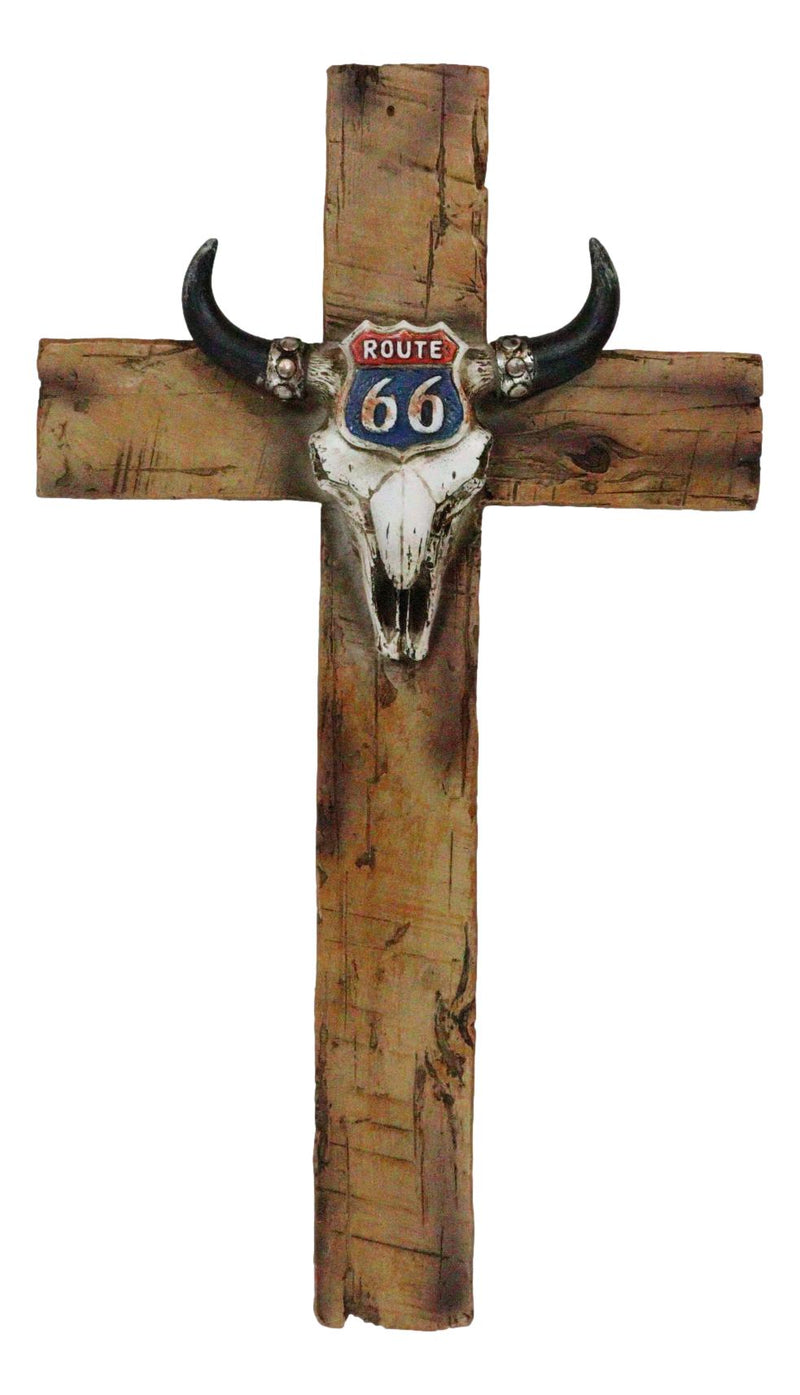 Rustic Western Cow Skull Nostalgic Route 66 Highway Sign Faux Wooden Wall Cross