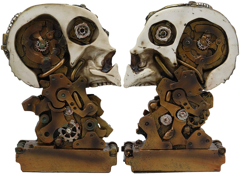 Cyborg Robotic Gearwork Facility Steampunk Skull Bookends Set Figurine Statue