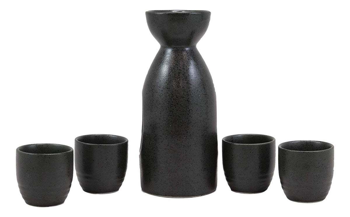Ebros Gift Traditional Ceremony Porcelain Pottery Green Bamboo Silhouette Design Japanese Rice Wine Sake 5 Piece Set Of 1 Black Tokkuri Serving Flask 10oz With 4 Ochoko Cups 2oz