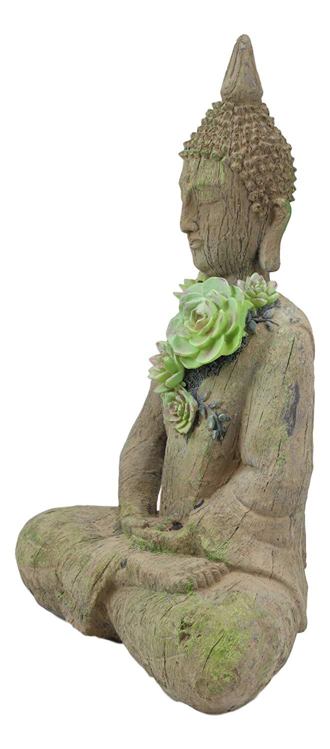 Ebros Shakyamuni Buddha With Ushnisha Head And Floral Succulents Statue 15" Tall