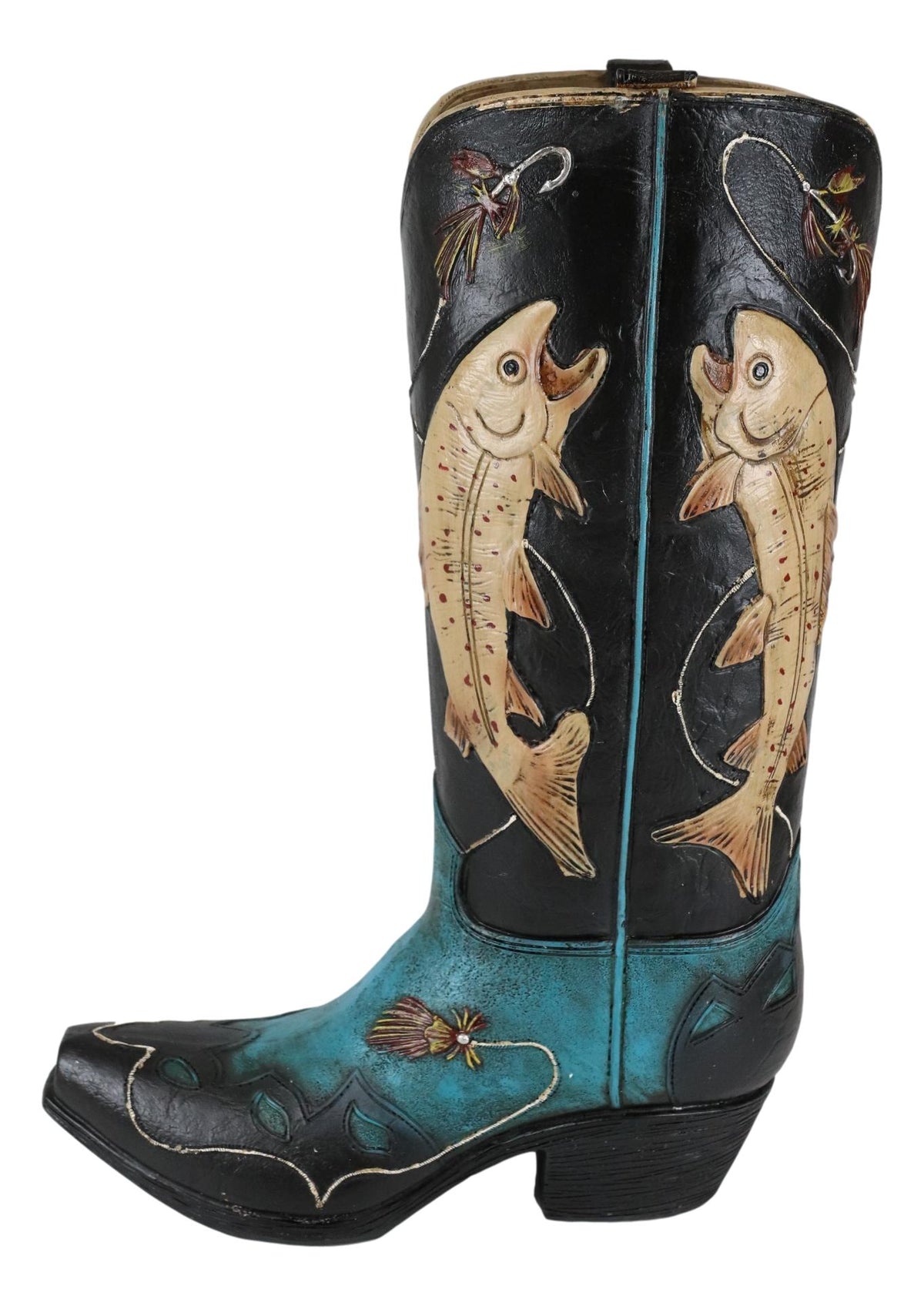Western Fishing Angler Bass Fishes Cowboy Cowgirl Boot Vase Planter Figurine - Ebros Gift