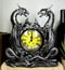 Gothic Twin Dragons Table Clock Statue With Roman Numerals In Metallic Look 11"H