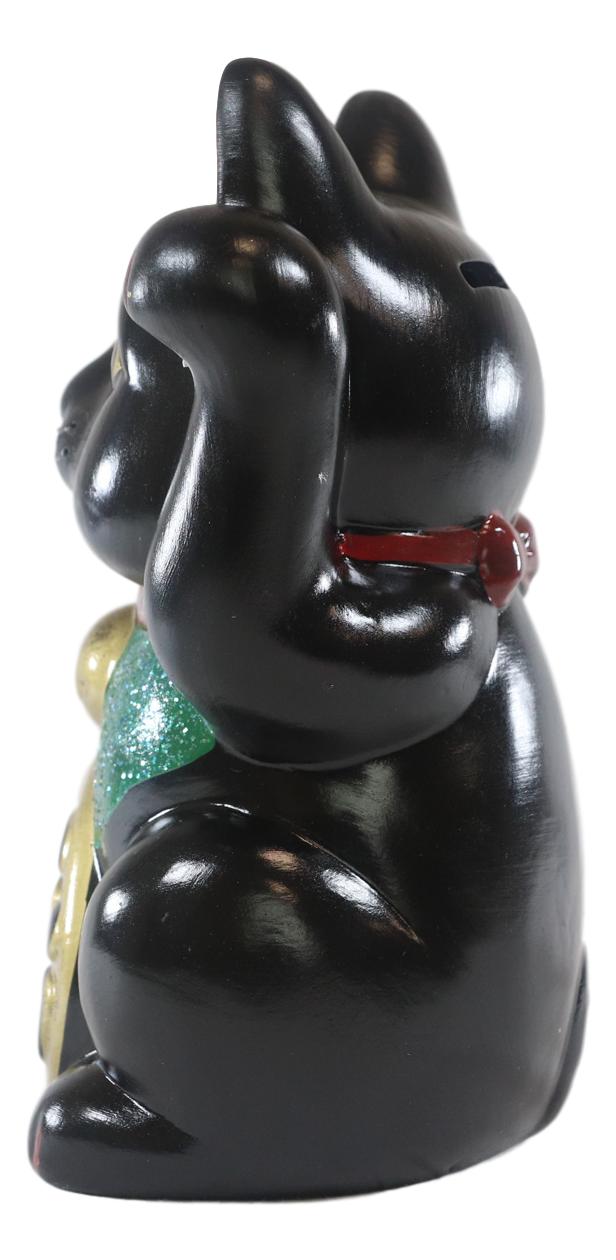Japanese Lucky Charm Black Beckoning Cat Maneki Neko Money Bank Figurine 8.5"H