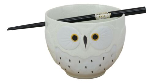 Whimsical Ceramic White Owl Ramen Udong Noodles Soup Bowl With Chopsticks Set