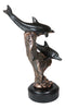 Marine 2 Black Dolphins Swimming by Coral Reef Electroplated Bronze Figurine