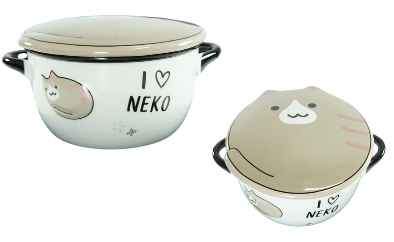 Pack Of 2 Brown Maneki Neko Lucky Cat Porcelain Kids Food Bowls W/ Lid 25Oz