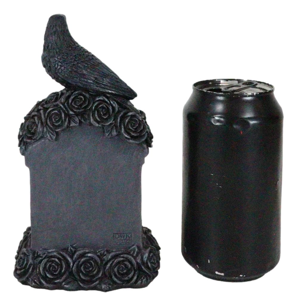 Gothic Raven Crow Perching On Black Roses Graveyard Tomb Headstone Figurine
