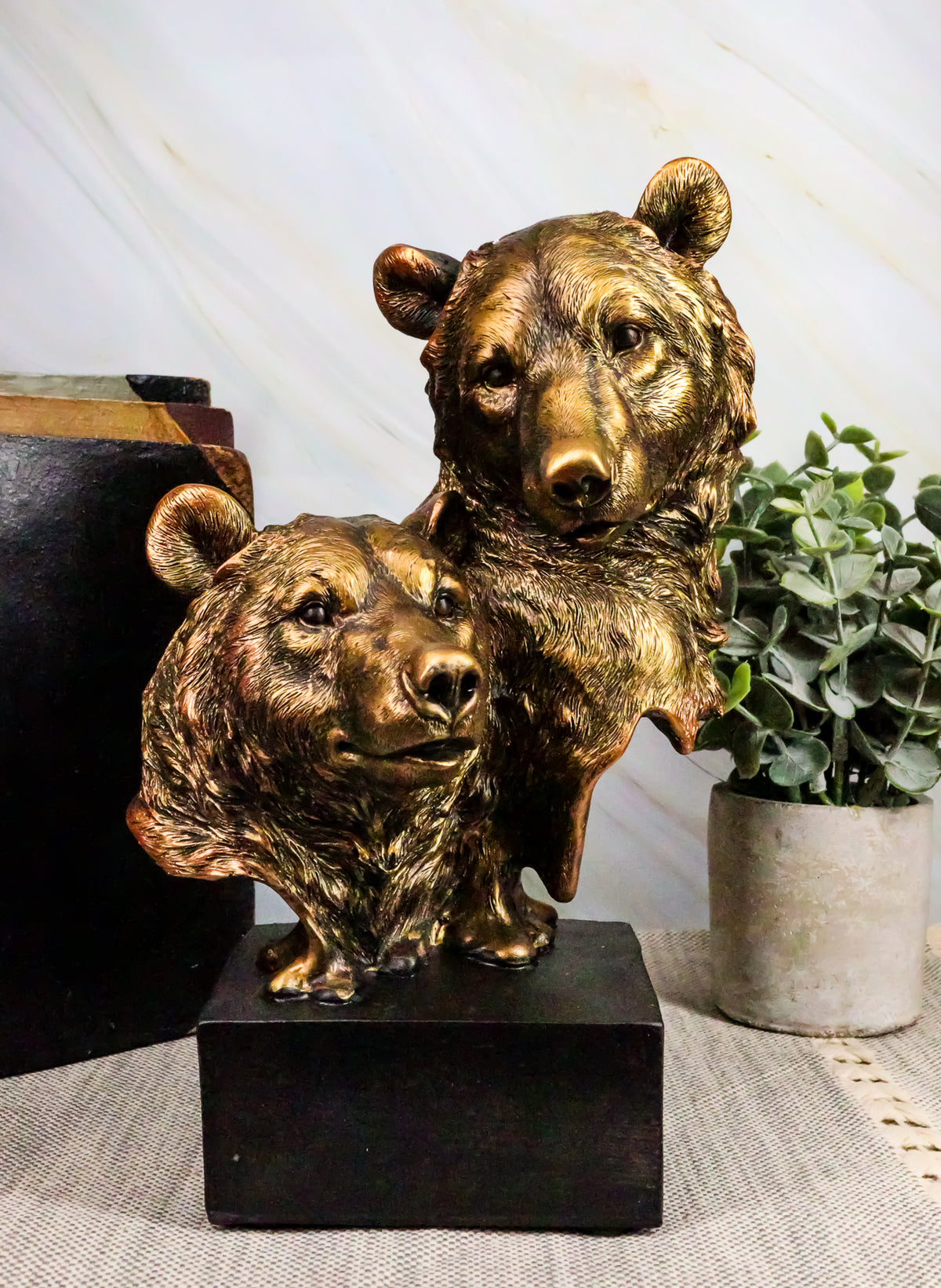 Ebros Gift 9" Tall Black Bear and Cub Head Bust Figurine with Black Pedestal