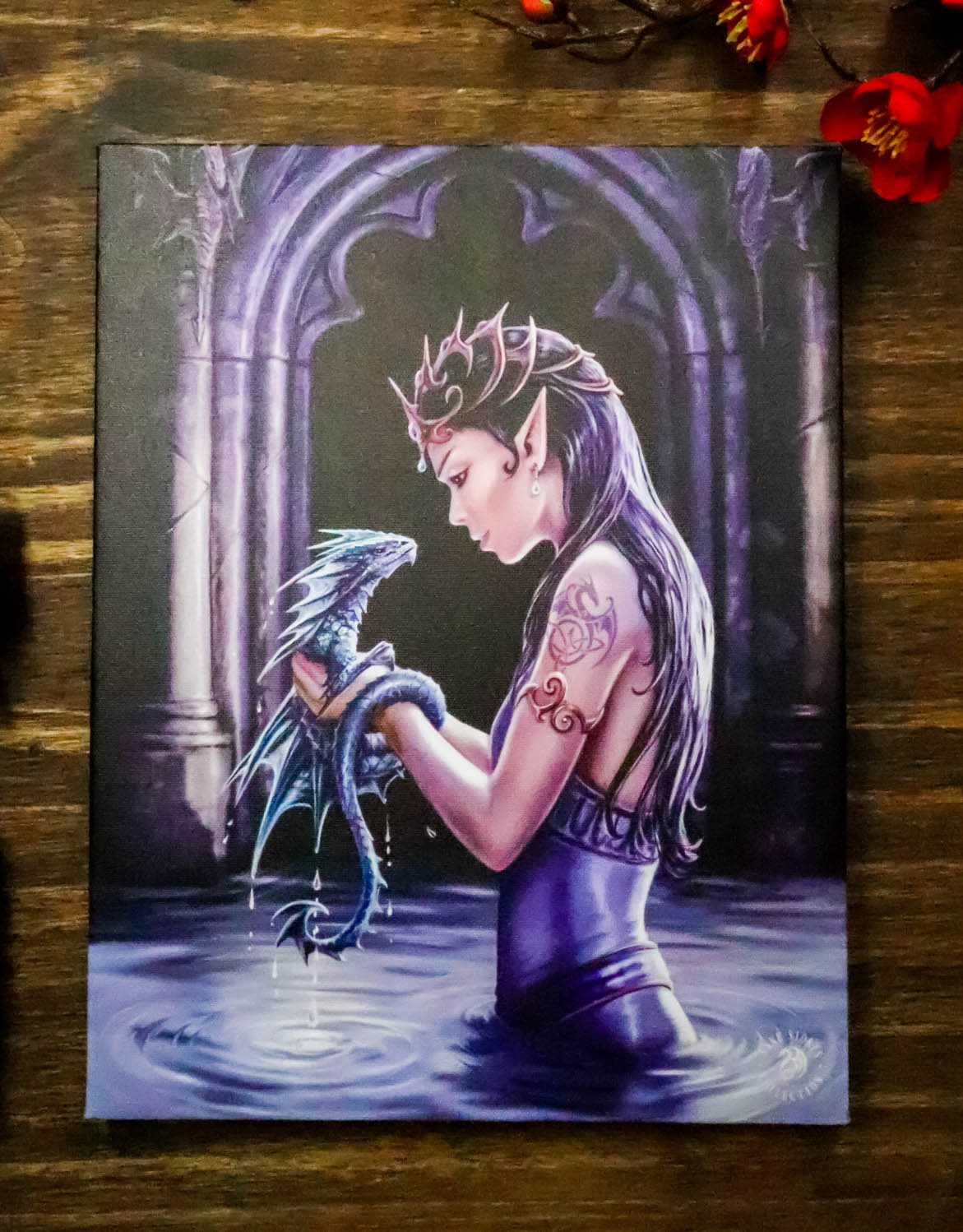 Ebros Anne Stokes Water Dragon Elf Fairy Drake Wood Framed Picture Canvas Wall Decor