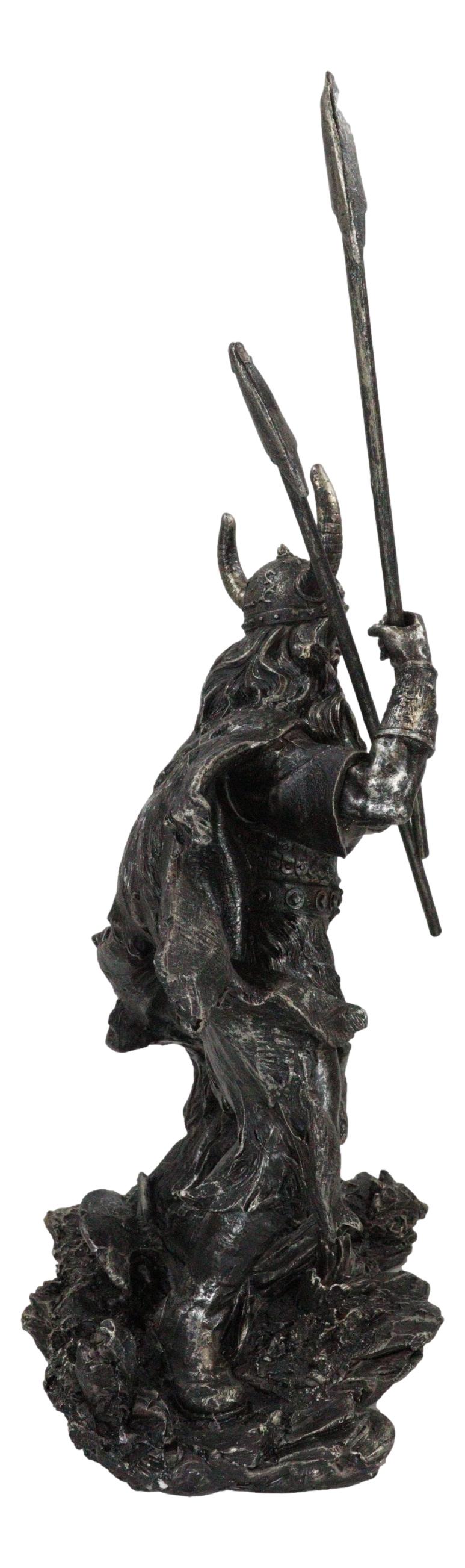 Viking Norse God Odin Alfather With Horned Helm Holding Javelin Spears Figurine