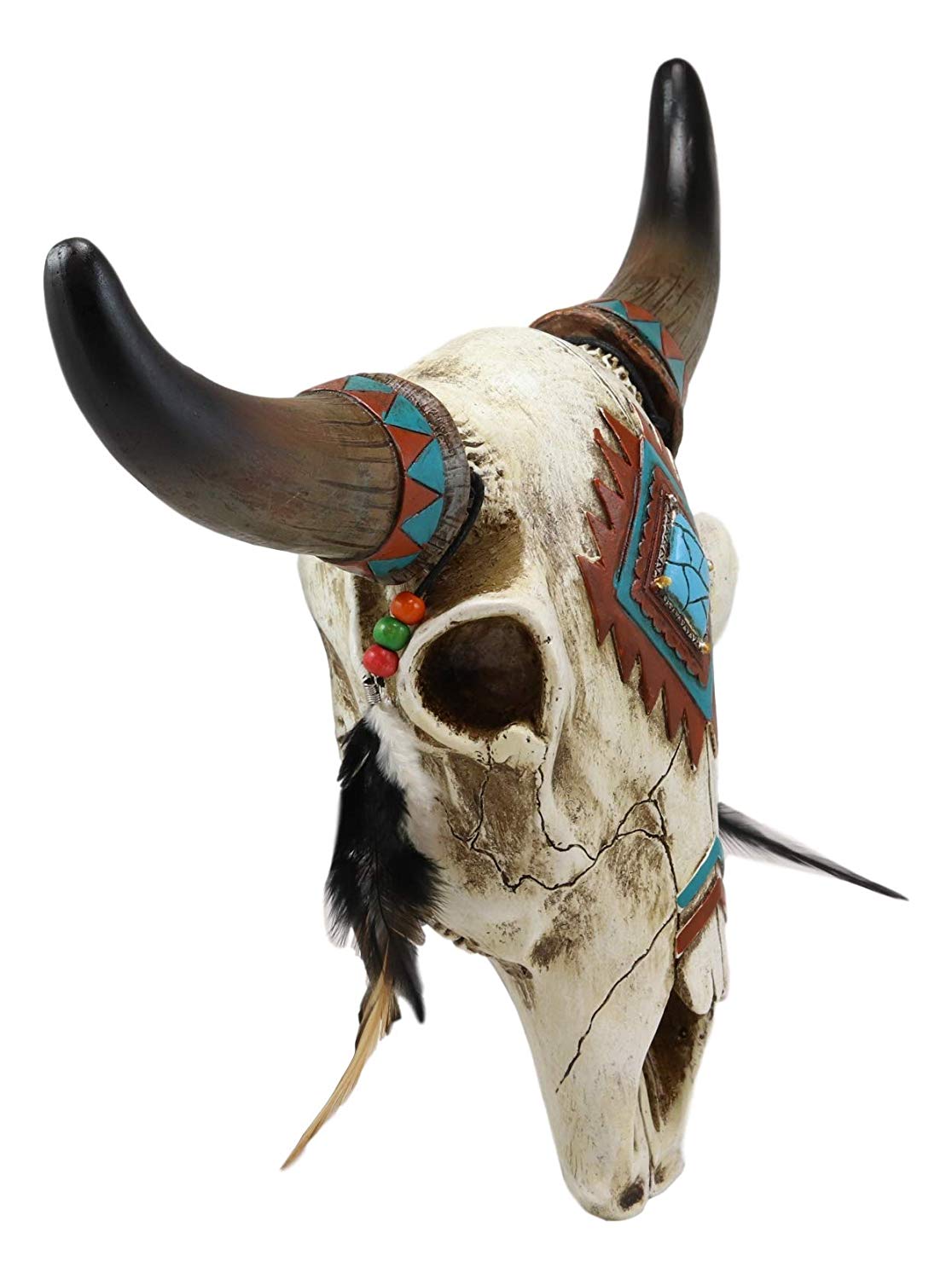 Ebros 12.5" Wide Western Southwest Steer Bison Buffalo Bull Cow Horned Skull Head with Faux Turquoise Diamond and Dream Catcher Feathers with Beads Wall Mount Decor - Ebros Gift