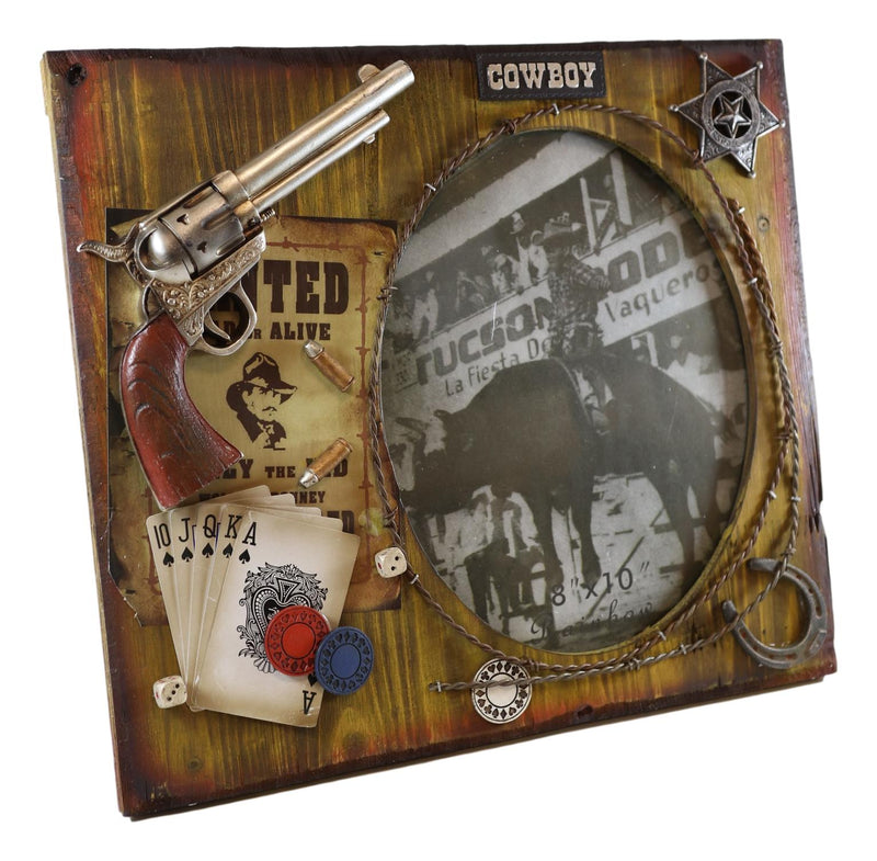 Rustic Western Cowboy Pistol Horseshoe Poker Cards Wooden 8"X10" Picture Frame