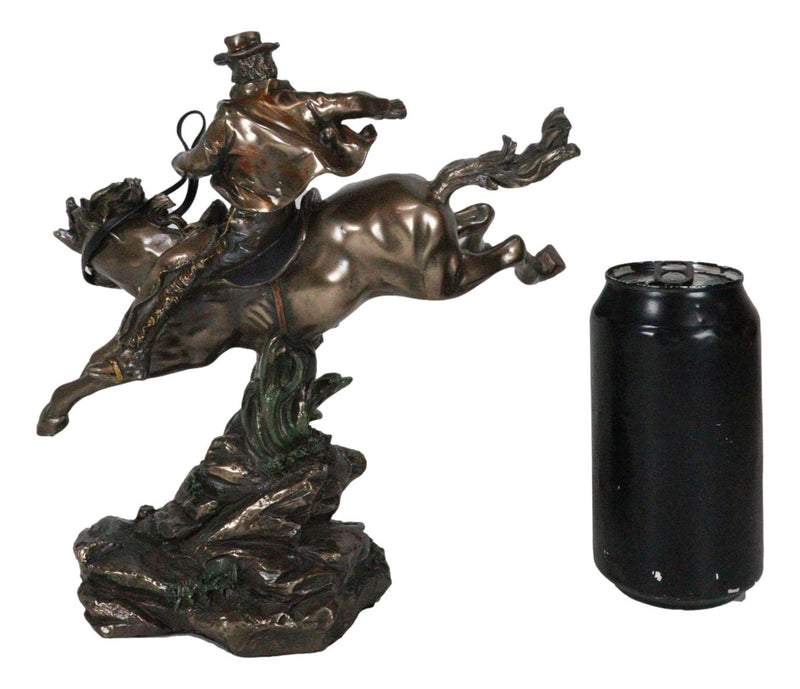 Rustic Western Rodeo Cowboy Riding On Galloping Wild Mustang Horse Figurine