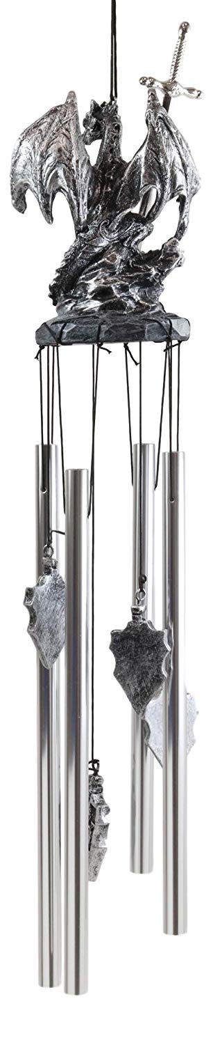 Ebros Gift Medieval Silver Dragon Holding Excalibur Sword and Orb Figurine Crown Top Resonant Wind Chime Garden Patio Home Fantasy Dungeons and Dragons Accent Decor - Ebros Gift