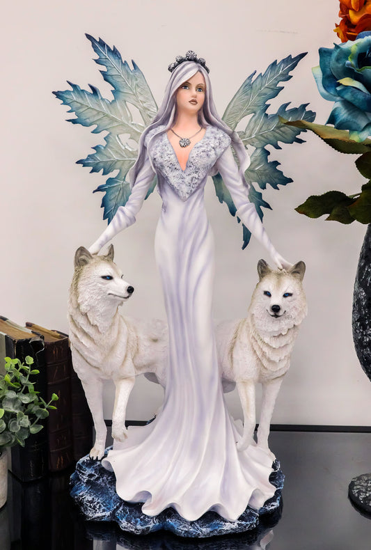 Large 23" Tall Blizzard Frost Flake Fairy With Two Snow Wolves Statue Figurine