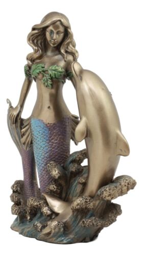 Art Nouveau Ocean Siren Mermaid With Bottlenose Dolphin Statue Nautical Decor