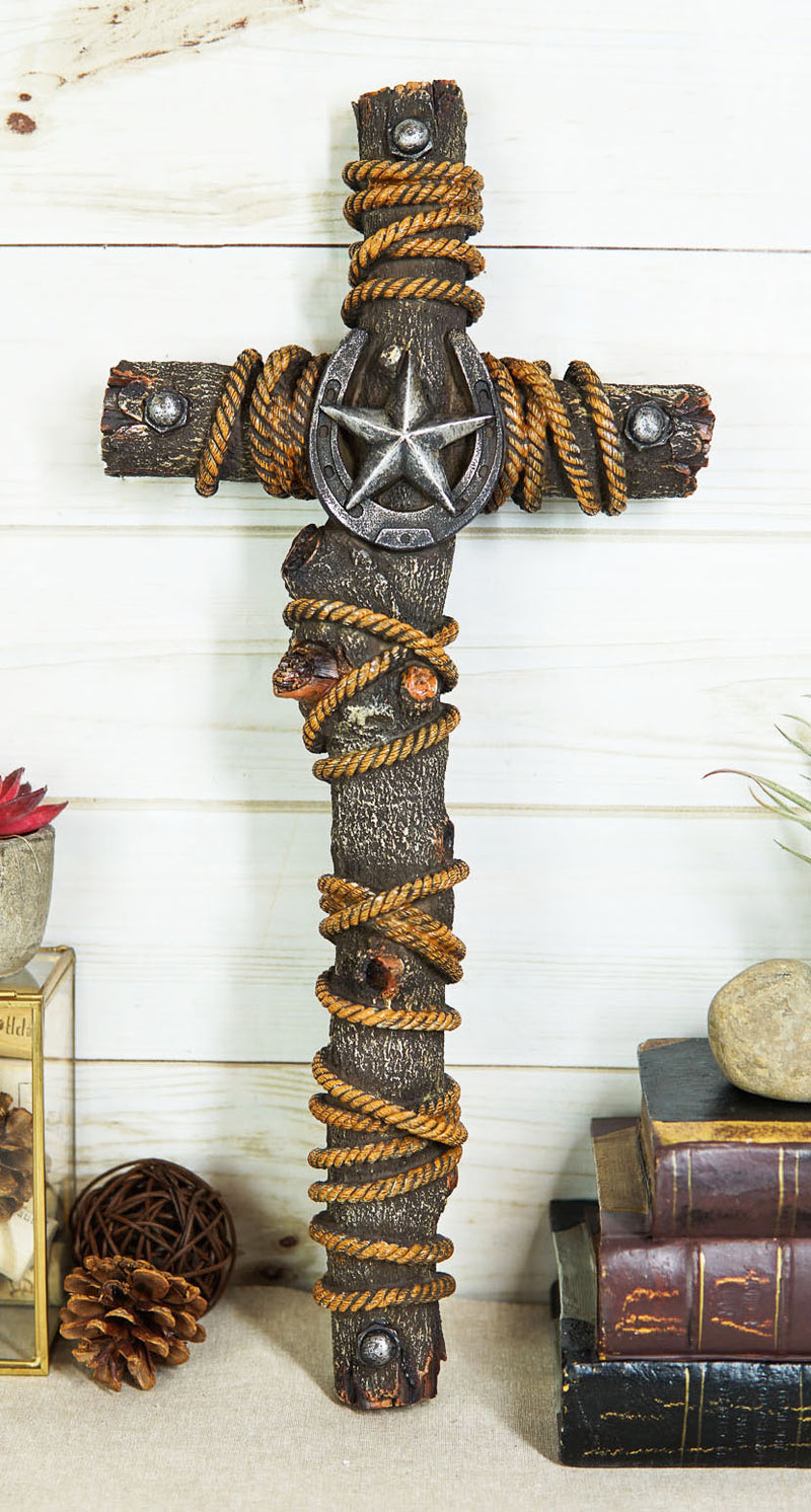 Rustic Western Lone Star with Horseshoe Nailheads and Braided Ropes Wall Cross