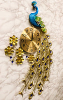 35"H Large Peacock Bird Iris Train Colorful Gold Plated Metal Analog Wall Clock