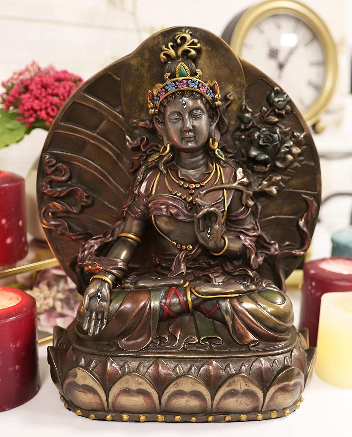 Ebros Buddhism Arya White Tara Saraswati On Lotus Throne Painted Statue 10.25" H