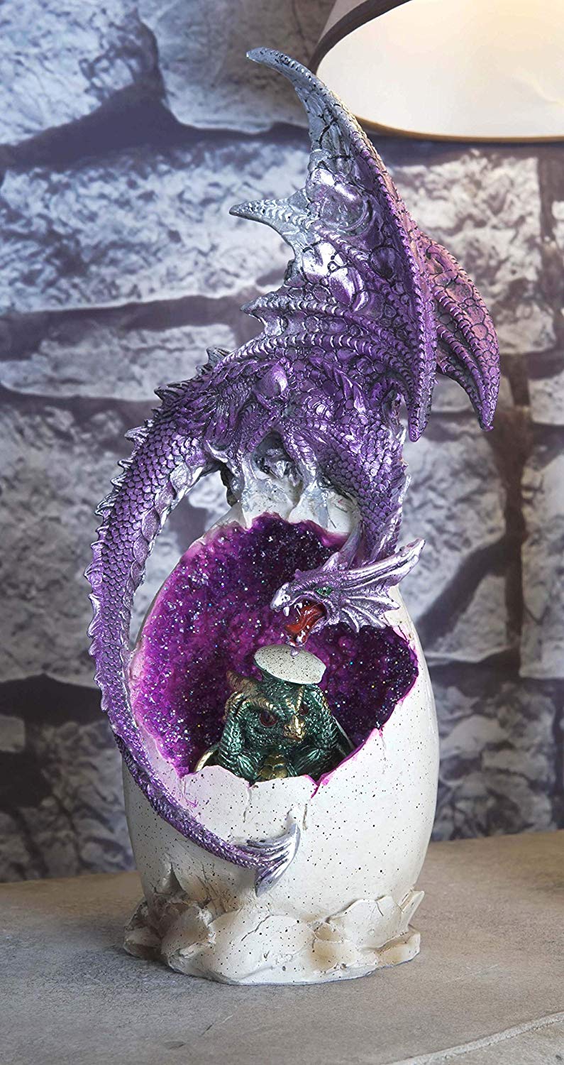 Ebros 12.5"H Magenta Dragon On Crystal Quartz Geode Egg LED Night Light Statue - Ebros Gift