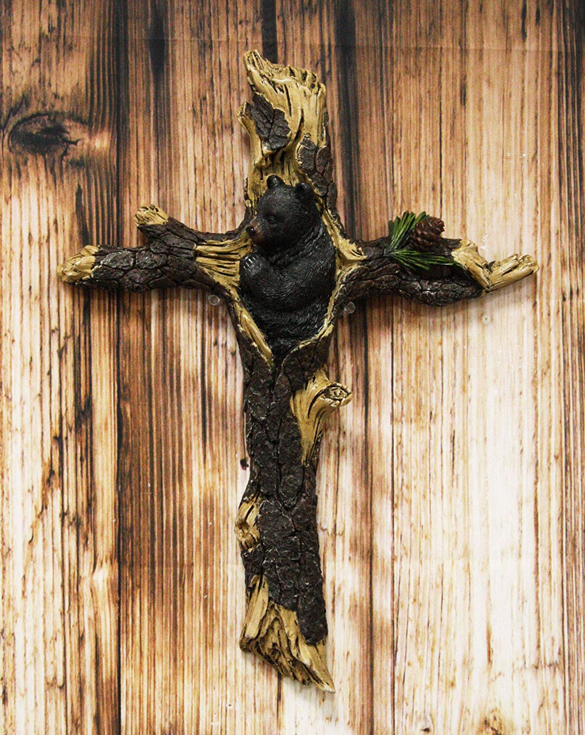 Ebros Gift 14.25" H Rustic Black Bear Cub Sleeping On Pine Tree Wall Cross Decor - Ebros Gift