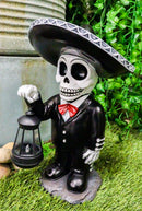 Day Of The Dead Skeleton Mariachi Singer Statue With Solar Powered Lantern LED