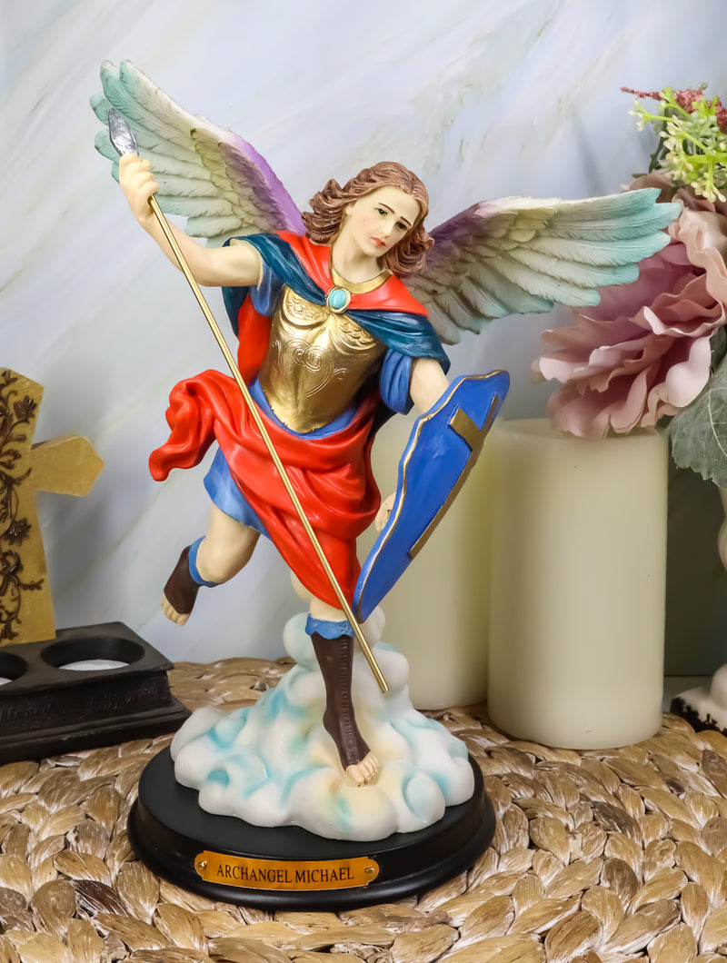 Ebros Colorful Archangel Saint Michael Throwing Javelin Spear Statue 10" Tall Champion Angel of God Guardian of The Church Battle of Armageddon Decor Altar Figurine