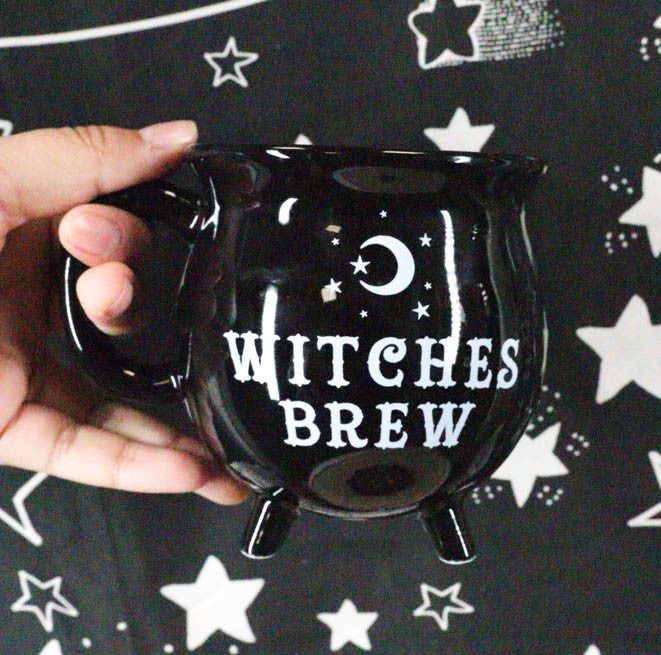 Ebros Wicca Sacred Crescent Moon Witches Brew Black Cauldron Coffee Tea Mug Cup 14oz