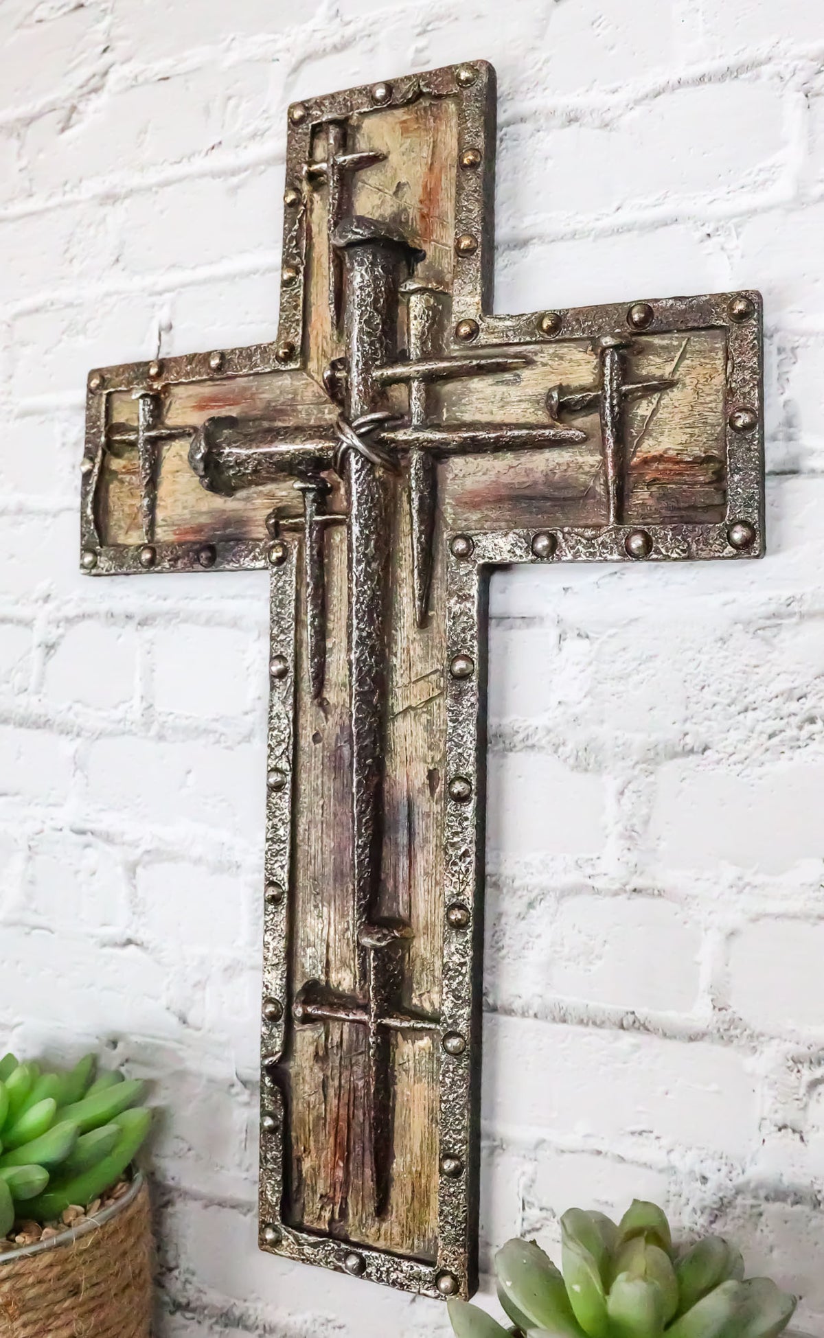 Rustic Western Spike Nails Layered Wall Cross With Nailhead Borders Crucifix Art
