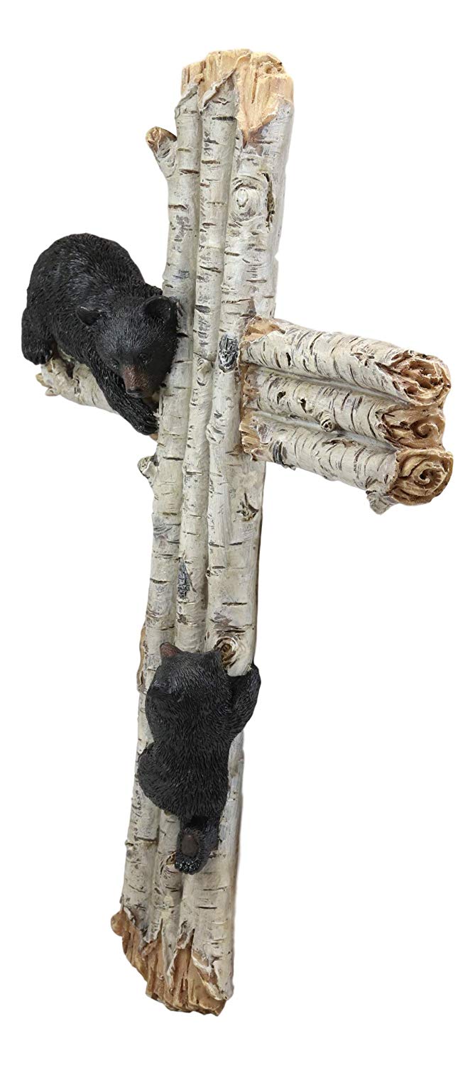 Ebros Gift 17" Tall Large Rustic Western 2 Playful Climbing Black Bears On Birch Tree Wall Cross Decor Hanging Sculpture Catholic Christian Country Bear Cubs Cabin Lodge Accent Decorative Crosses - Ebros Gift