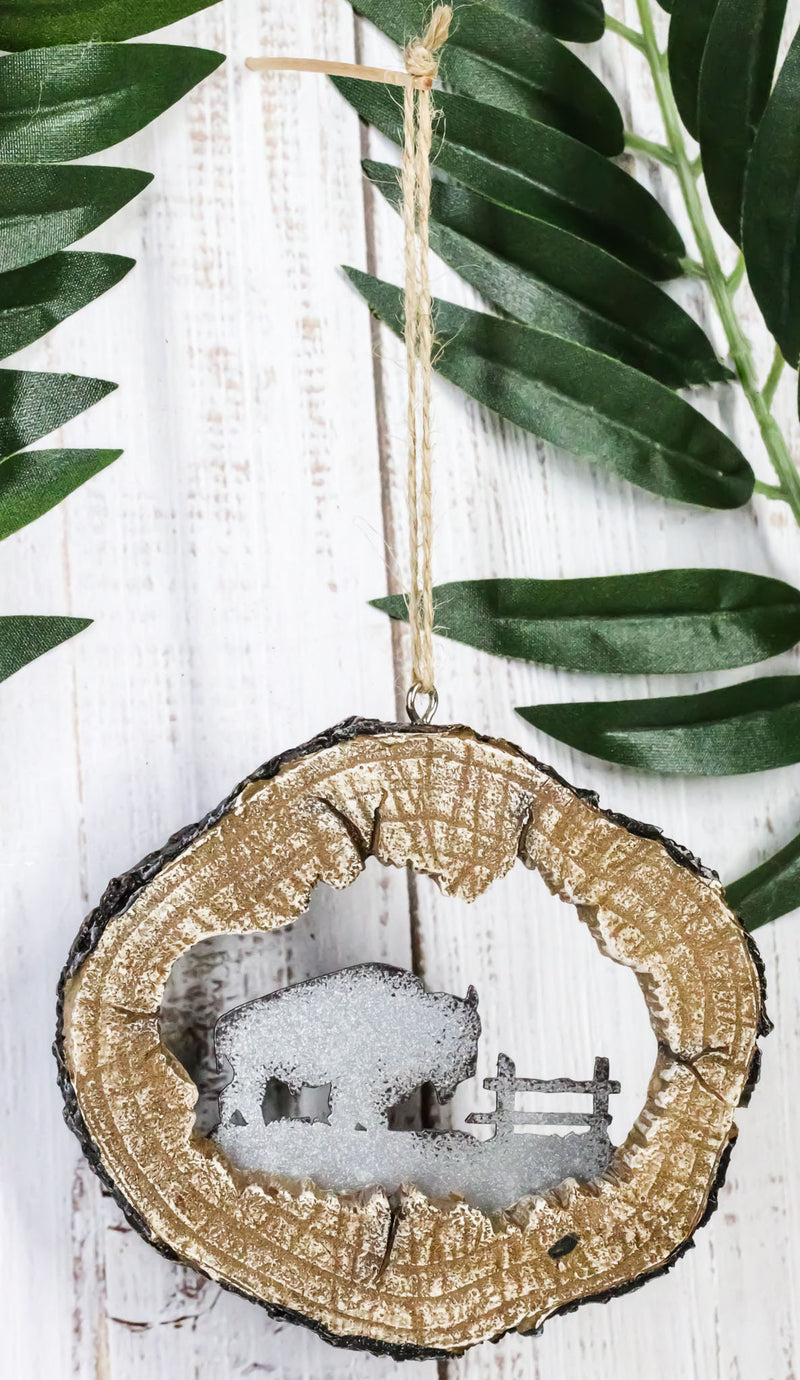 Rustic Western Bison Buffalo Faux Wood Log Set of 4 Christmas Tree Ornaments