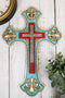 Southwestern Rich Turquoise Gold Tuscan French Fleur De Lis Wall Crucifix Cross