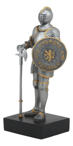 Medieval Knight Statue 9"H With Heraldic Royal Lion Shield And Axe Suit Of Armor