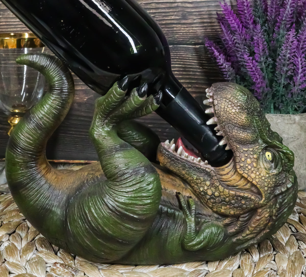 Dino Wino Prehistoric Dinosaur Thirsty T-Rex Wine Bottle Holder 9.25"Long Trex - Ebros Gift
