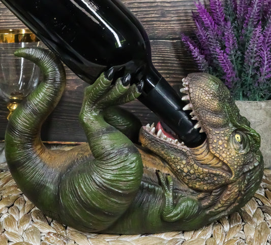 Dino Wino Prehistoric Dinosaur Thirsty T-Rex Wine Bottle Holder 9.25"Long Trex - Ebros Gift