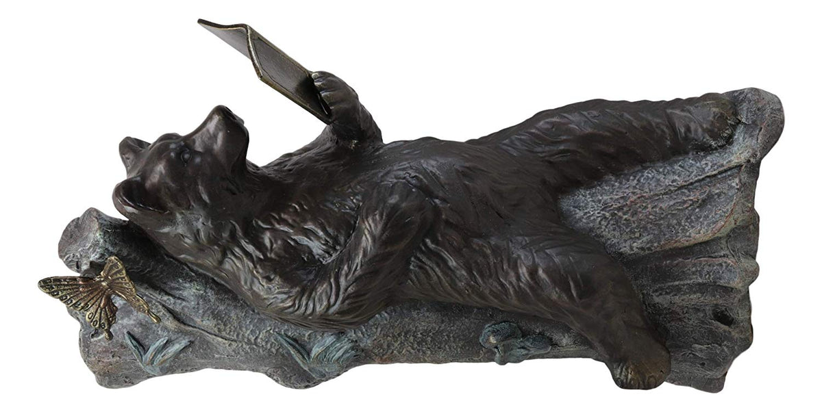 Ebros 24" Long Aluminum Whimsical Butterfly and Lazy Grizzly Bear Resting On Forest Tree Trunk Couch Reading A Book Garden Statue Rustic Wildlife Western Cabin Bears Decor Figurine - Ebros Gift