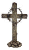 Large Rustic Western Barbed Wire Crown Faux Wood Cross On Rocks Desktop Plaque
