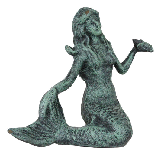Ebros Gift 6.5" Tall Nautical Siren Mermaid Holding Starfish Cast Iron Rustic Verdigris Vintage Patina Finish Statue Ocean Goddess Princess Coastal Beach Under The Sea Mermaids Decorative Accent - Ebros Gift
